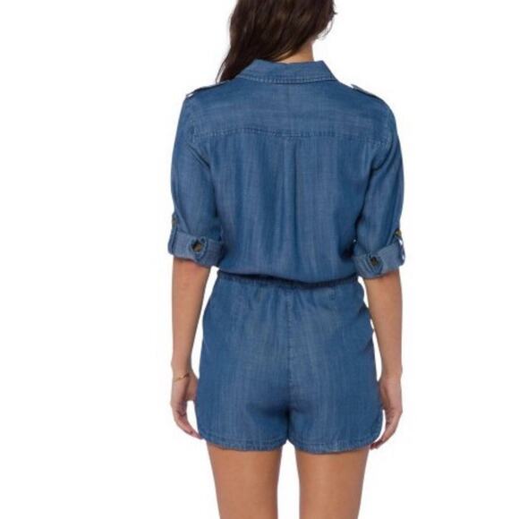 Wendy Williams Womens Romper Short Denim Chambray Collar Drawstring Size M - Picture 2 of 14